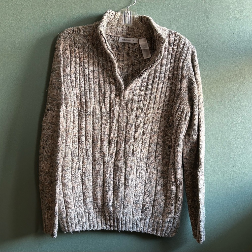 Liz Claiborne | Cream Zip Up Sweater with High Collar and Ribbed Knit